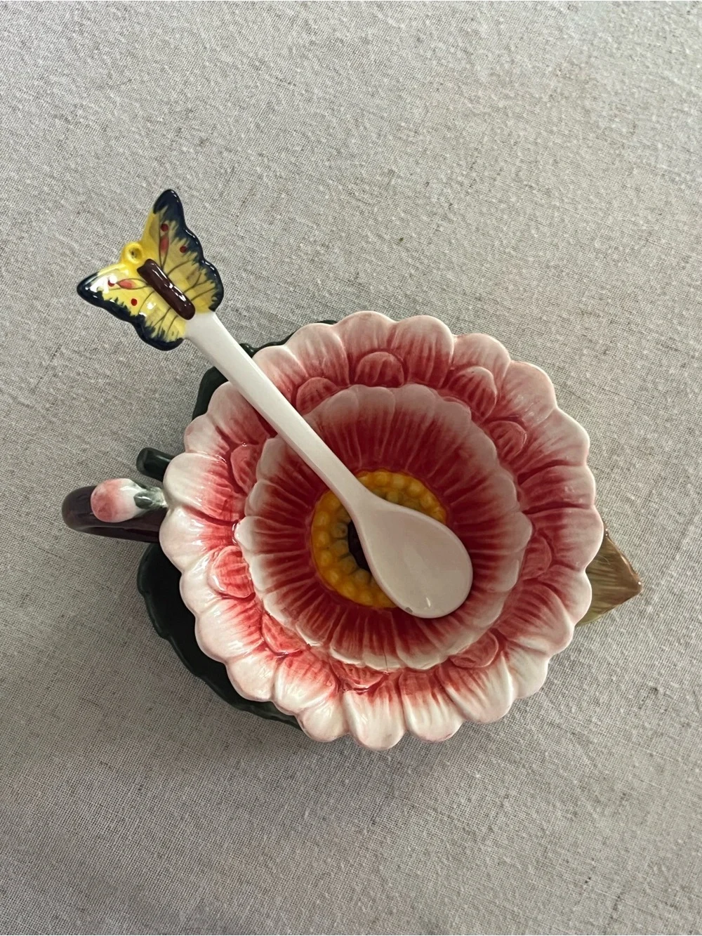 Whimsical Flower Ceramic Tea Cup and Saucer Set with Butterfly Spoon - Picture 3 of 5